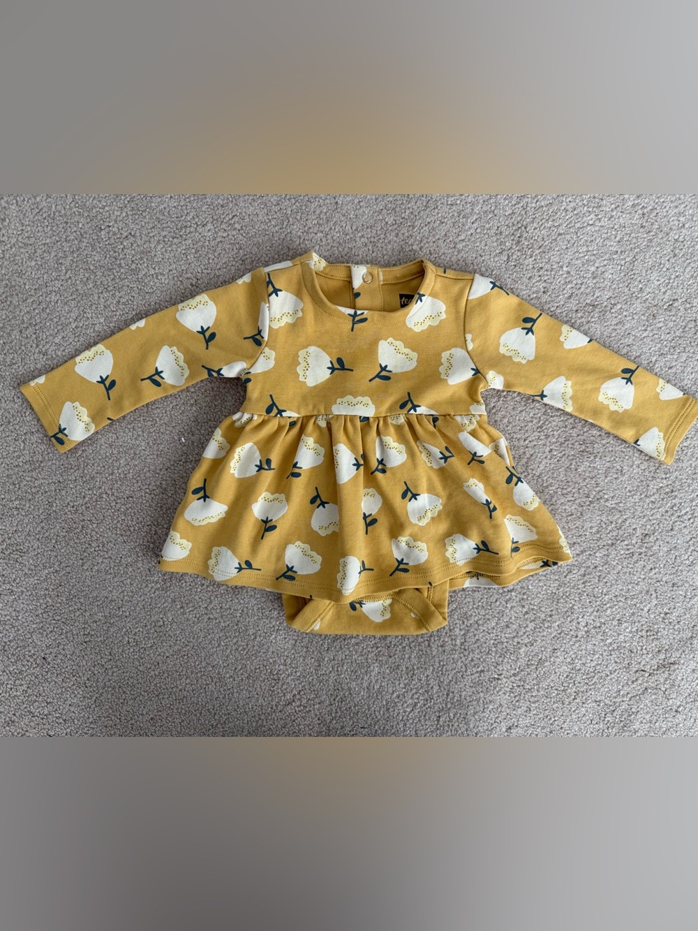 Tea collections Mustard Floral Long-Sleeve Baby Dress Bodysuit- size 3-6 month